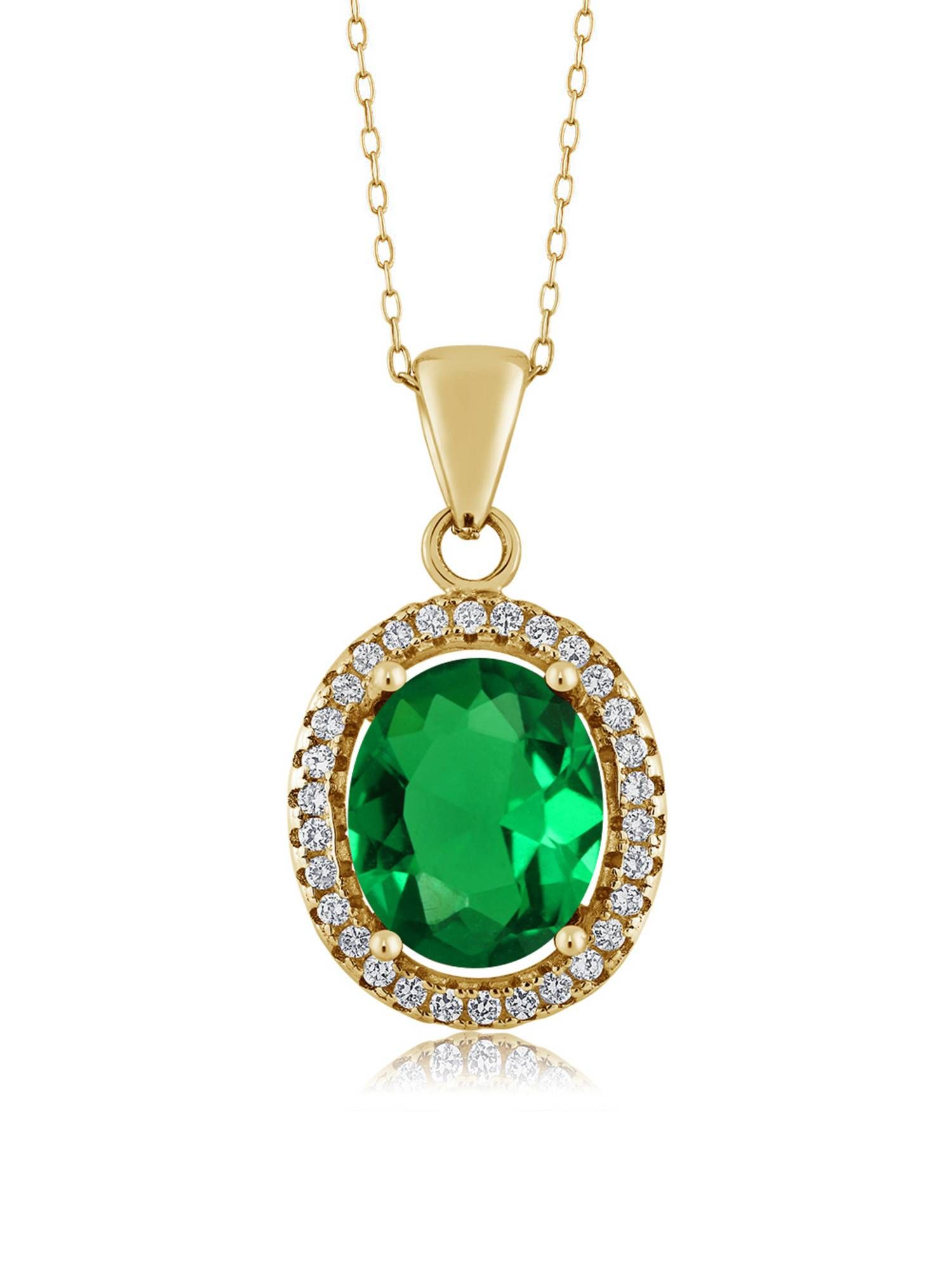 Gem Stone King 18K Yellow Gold Plated Silver Green Simulated Emerald Pendant Necklace For Women