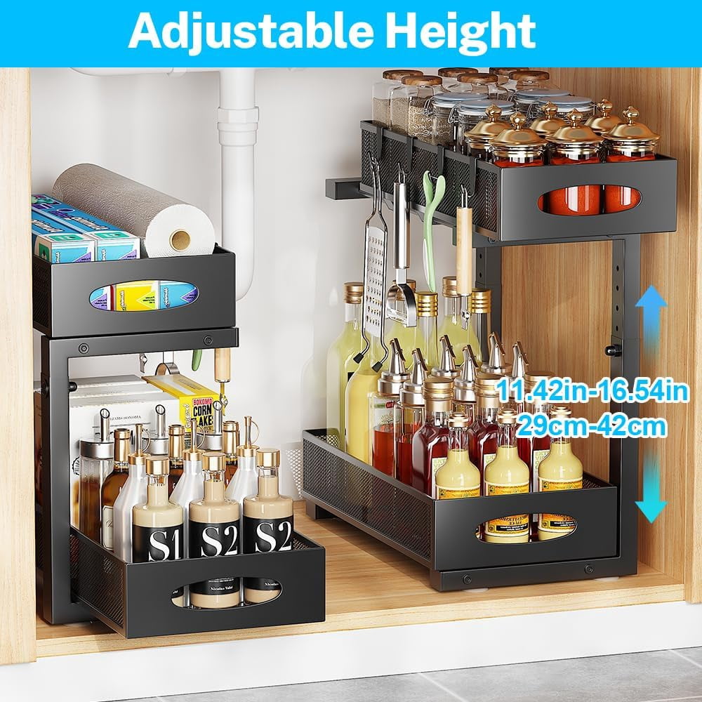 2 Pack Under Sink Organizer and Storage, 2 Tier Pull Out Sliding Cabinet Shelf, 5-Level Height Adjustable Thickened Carbon Steel Storage Rack for Kitchen Bathroom Cabinet, Black