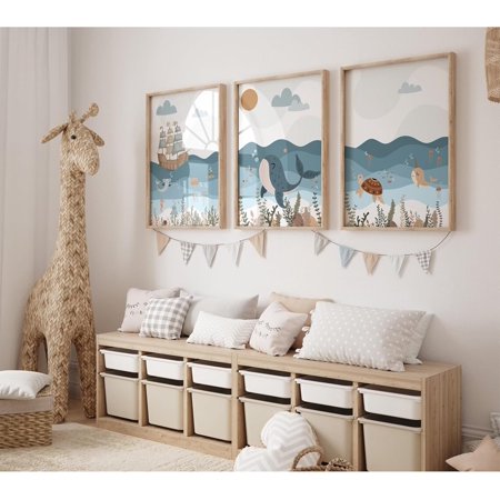 Ocean Nursery Wall Art Pictures Blue Nautical Canvas Art Beach Animal Wall Decor Baby Boys Room Wall Art Sea Whale Prints Ocean Nautical Poster for Nursery Baby Room 12x16 Inch Set of 3 Framed
