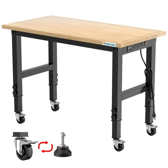 LARBANKE 48" Wheeled Adjustable Workbench with Power Outlet, Precision Scale and Feet, 2000 lb Load Capacity Heavy Duty Rubberwood Workbench
