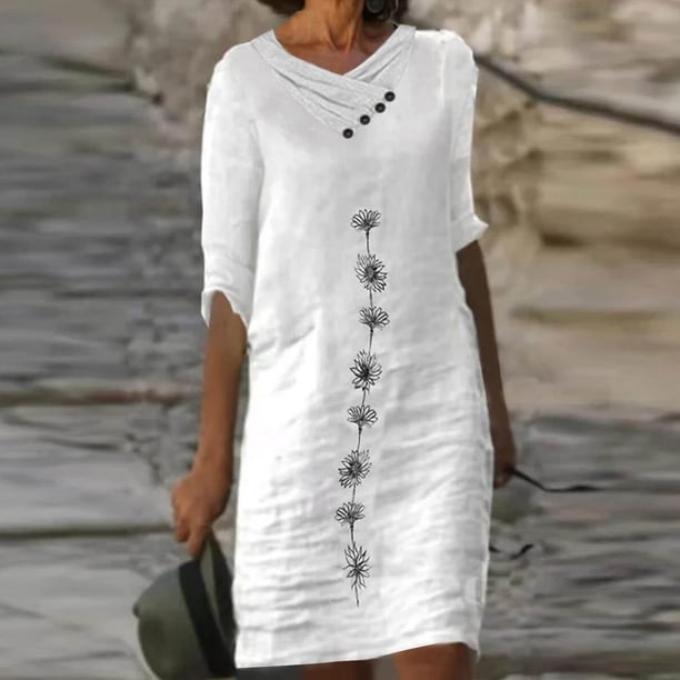 Puntoco Vestido De Manga Corta Con Cuello En V, Vestido Con Cremallera Y Cuello En V Con Botones Sueltos Estampados Informales De Manga Corta Para Mujer Blanco Xl