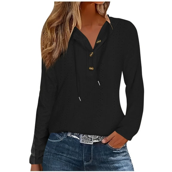 RYRJJ Hoodies for Women Long Sleeve Eyelet Tops Drawstring Button V-Neck Casual Loose Fit Shirts Fashion Lightweight Pullover(Black,M)
