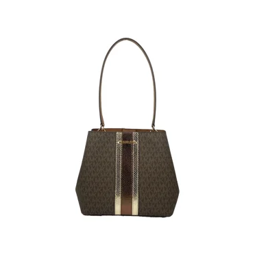 Michael Kors Pratt Medium Signature Logo and Metallic Shoulder Bag Brown