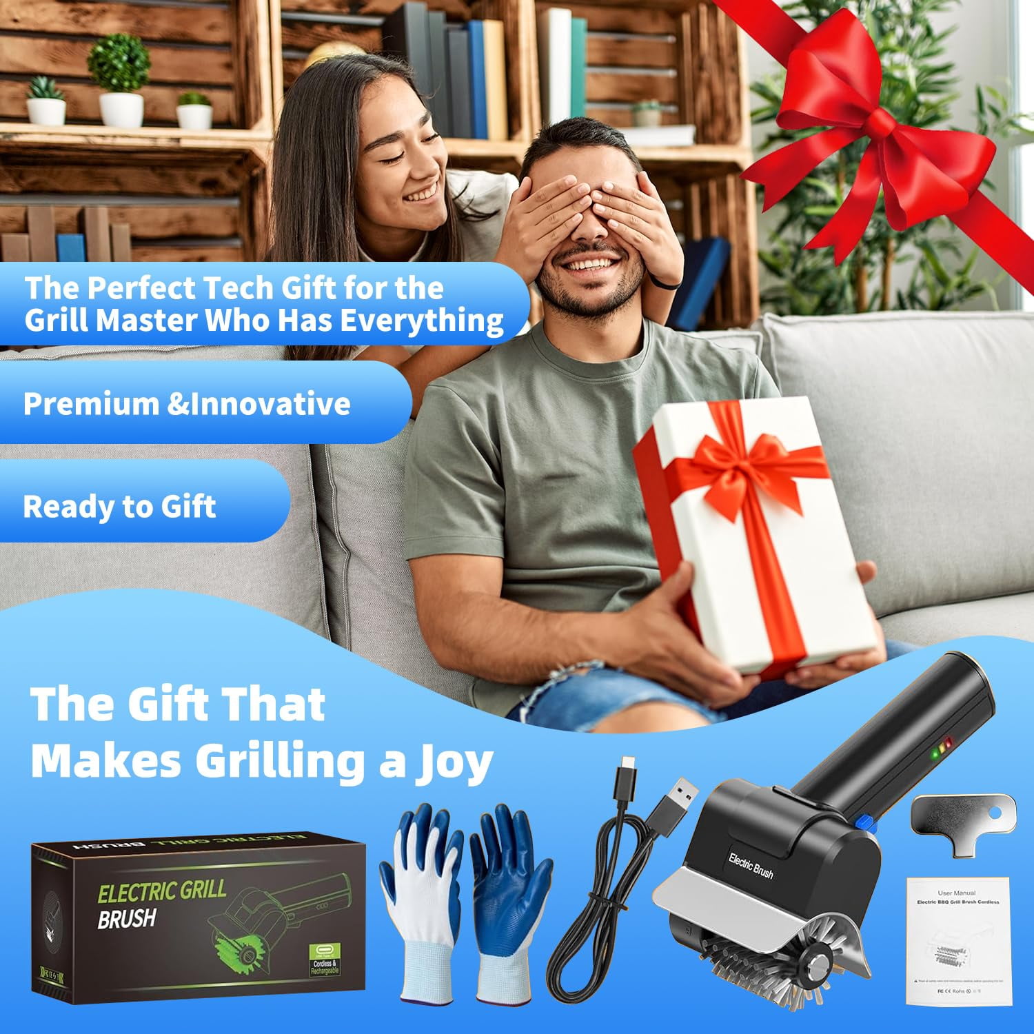 Electric Grill Brush Blue Button Dual Safety Lock 304 SS Head
