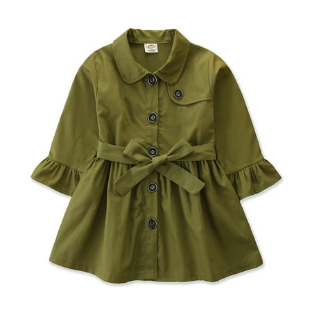 

Kiapeise Little Girl’s Solid Color Trench Coat Girl Fashion British Style Single-breasted Lapel Bandage Long-sleeved Coat