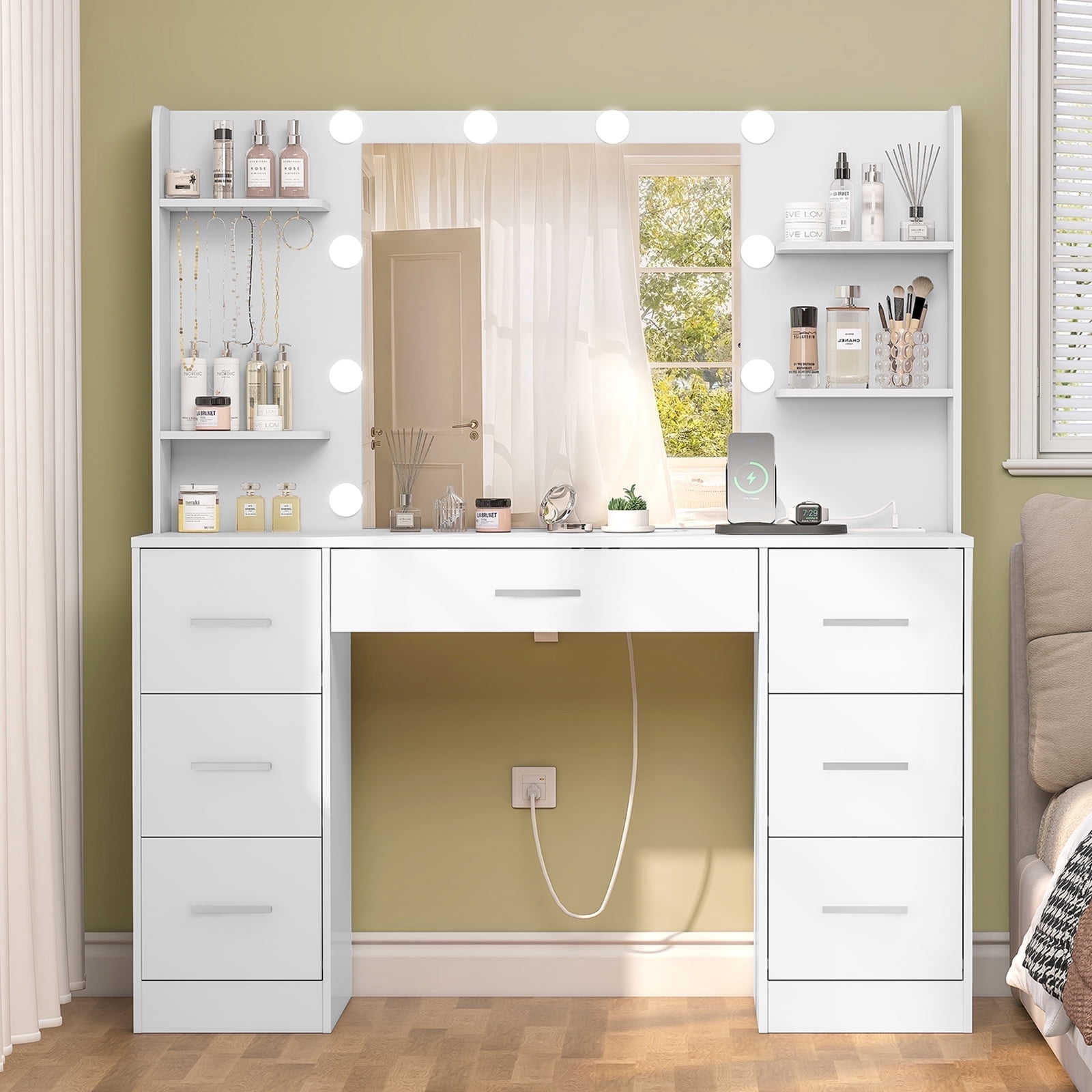 TEENFON Large Vanity Set with Mirror and Power Outlet, Makeup Vanity Desk with 7 Drawers, 4 Shelves and 5 Hooks,Vanity Table for Bedroom, White