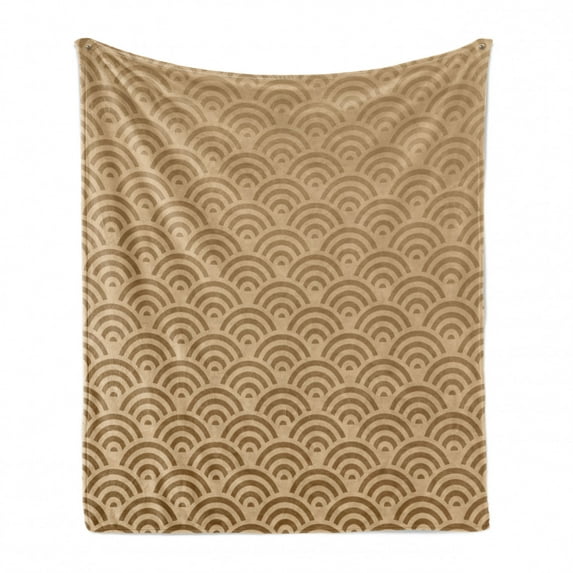 Beige Soft Flannel Fleece Blanket, Oriental Wave Design Contemporary Illustration of Old Royal Pattern Artwork Print, Cozy Plush for Indoor and Outdoor Use, 50" x 70", French Beige, by Ambesonne