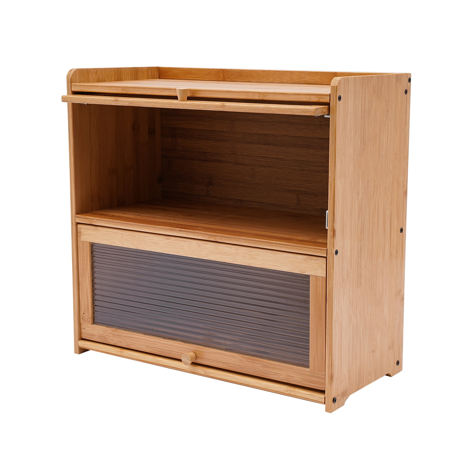 Countertop Storage Cabinet, Multipurpose Organizer Cabinet w/Glass Doors, Bamboo Kitchen Pantry Sideboard, Console Dining Cupboard (Primary Color, Lamps not Included, 20.5" D x 9.8" W x 19.7" H)