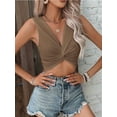 thumbnail image 3 of Women'S Twist Front V Neck Ribbed Knit Sleeveless Sexy- Tank Crop Top Brown XL, 3 of 7