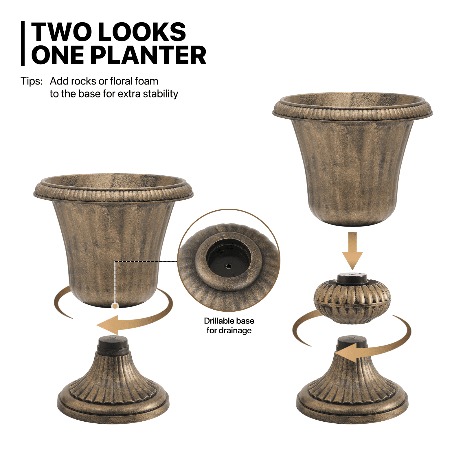 MoNiBloom 20" Plastic Urn Planter Vase for Outdoor Indoor Plants Garden Patio Vintage Decorative Pedestal Roman Flower Pot Decoration Retro Home Front Porch Door Decor (Antique Brass)