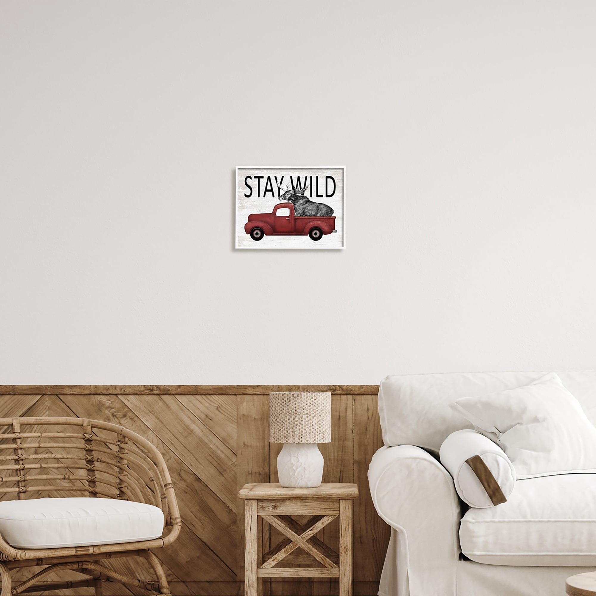 Stupell Industries Stay Wild Moose Antique Red Pickup Truck Graphic Art White Framed Art Print Wall Art, Design by Lettered and Lined
