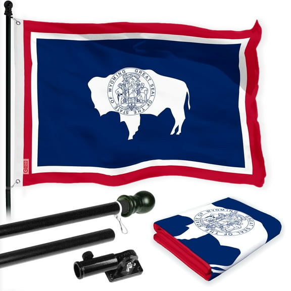 G128 Combo Pack: 6 Ft Tangle Free Spinning Flagpole (Black) & Wyoming Flag 3x5 Ft Printed 150D Polyester, Brass Grommets (Flag Included) Aluminum Flag Pole