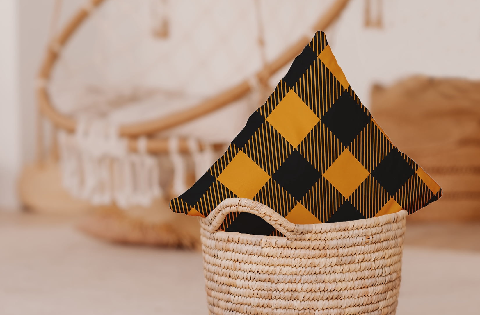 16" x 16" Simply Daisy Buffalo Plaid Polyester Accent Pillow, Golden Mustard Qty 1