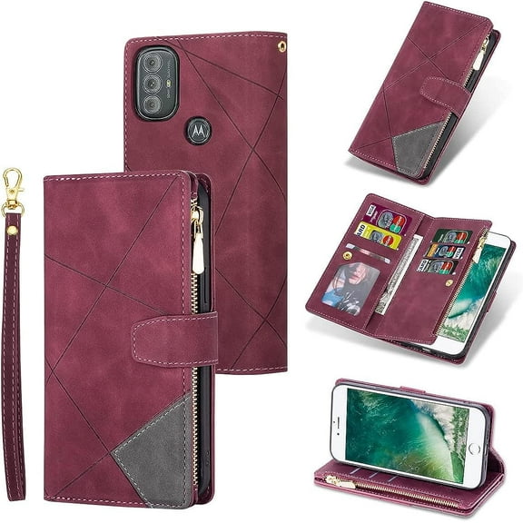 Moto G Power 2022 Retro PU Leather Case 9 Card Slots Zipper Pocket Handbag Case with Wrist Strap