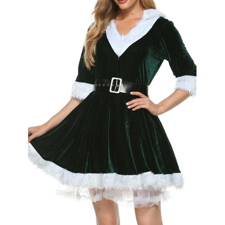 

Kiapeise Women Sexy Nightwear Christmas Dress Long Sleeve V-Neck Plush Decoration Layered Mash Hem Lingerie