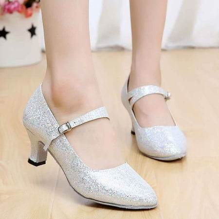 

ERTUTUYI Mid-High Heels Glitter Dance Shoes Women Ballroom Latin Tango Rumba Dance Shoes White 37
