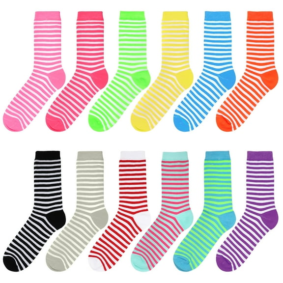 12 Pairs Women's Crew Socks Fancy Novelty Designed Size 9-11 Multicolor Assorted Striped
