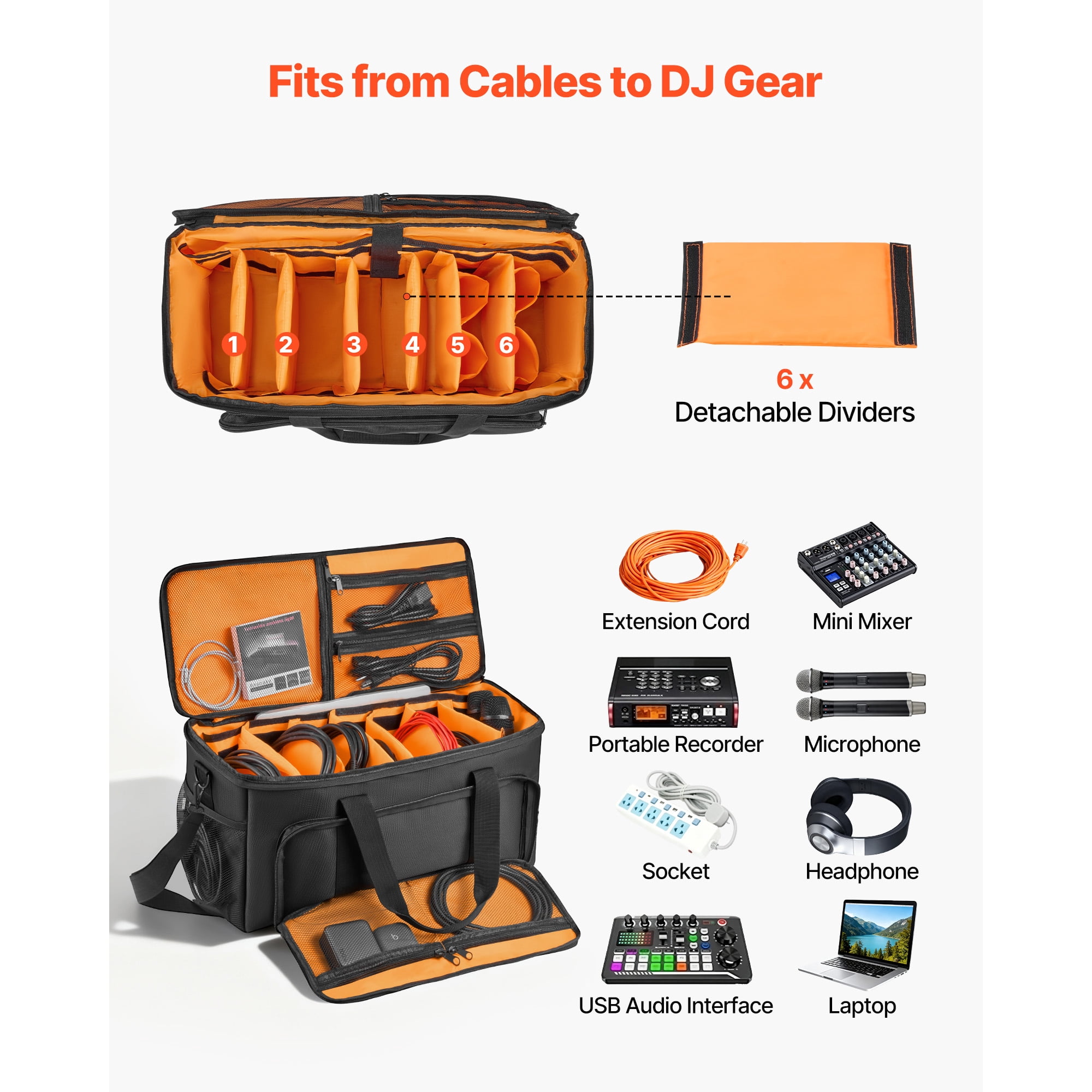 KFFKFF Rolling DJ Cable Bag, 1680D, Padded Gig Bag with Wheels, 6