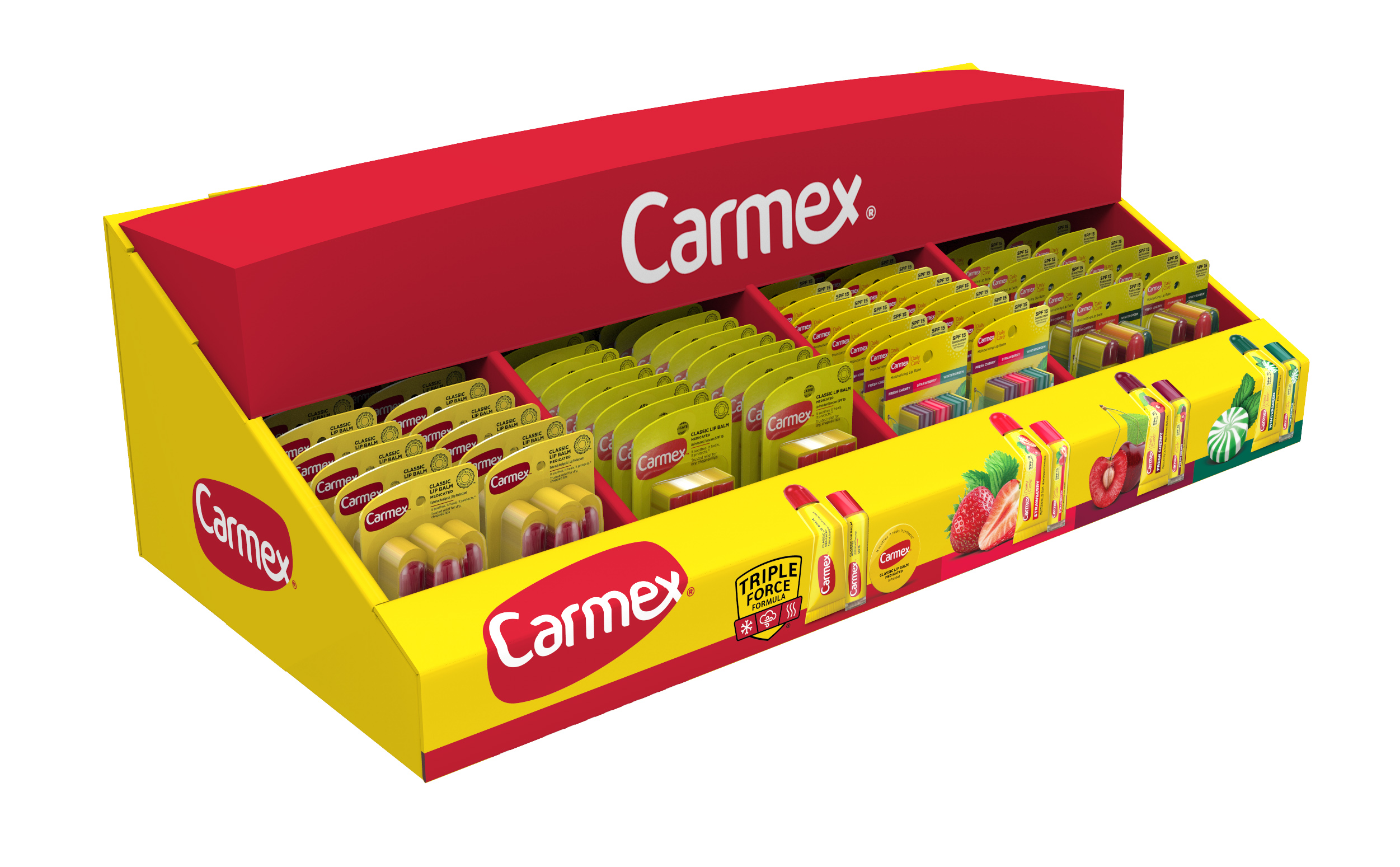 Carmex 104 count PDQ, End cap, Cough Cold, Assorted lip balm products