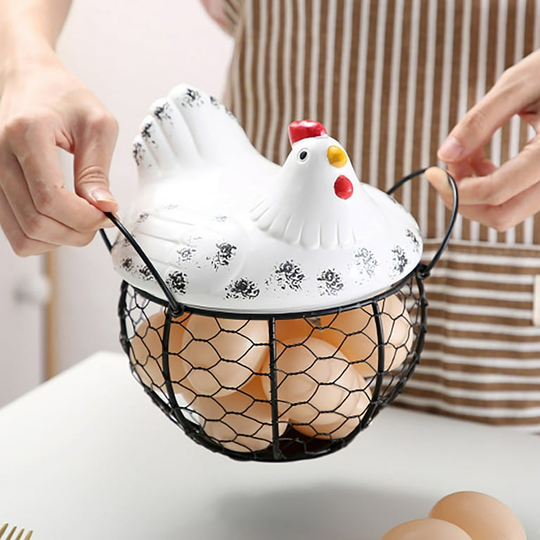 oskas Kitchen Storage Metal Wire Egg Basket with Ceramic Farm Chicken Cover Fresh Egg Holder/Organizer Case/Container