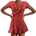 thumbnail image 1 of Pompotops Mode Femmes Mousseline Volant Manches Courtes Imprimé Bandage Casual V-Neck Robe, 1 of 8