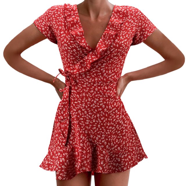Pompotops Mode Femmes Mousseline Volant Manches Courtes Imprimé Bandage Casual V-Neck Robe