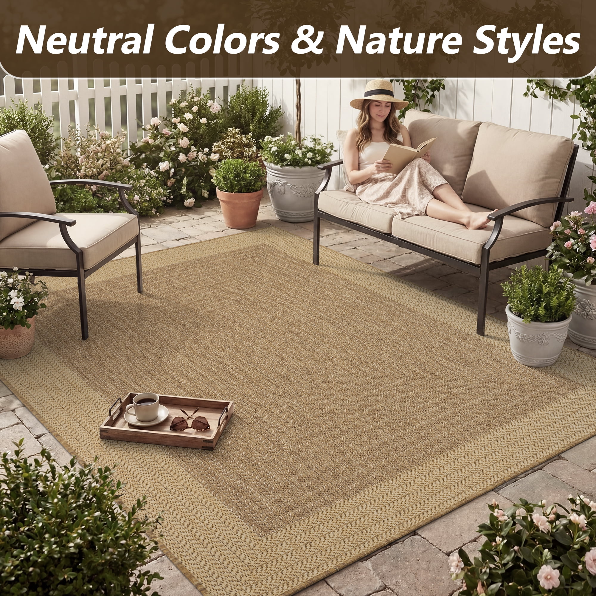 SIXHOME Outdoor Rugs 8'x10' Patio Rug Geometric Bordered Indoor Outdoor Rugs Polypropylene Washable Non Shedding, Easy Clean, Waterproof, Durable Outdoor Carpet for Porch Balcony Deck Neutral Brown