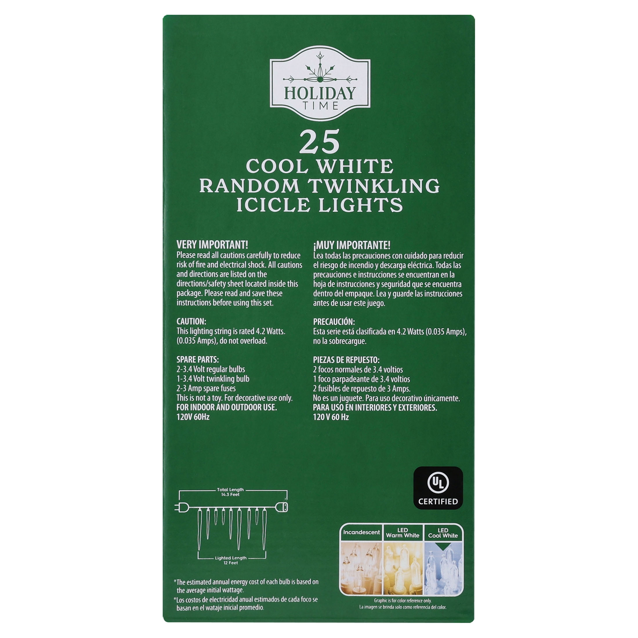 Indoor/Outdoor 25-Count LED Random Twinkling Christmas Icicle Lights, Cool White, White Wire, 12', by Holiday Time