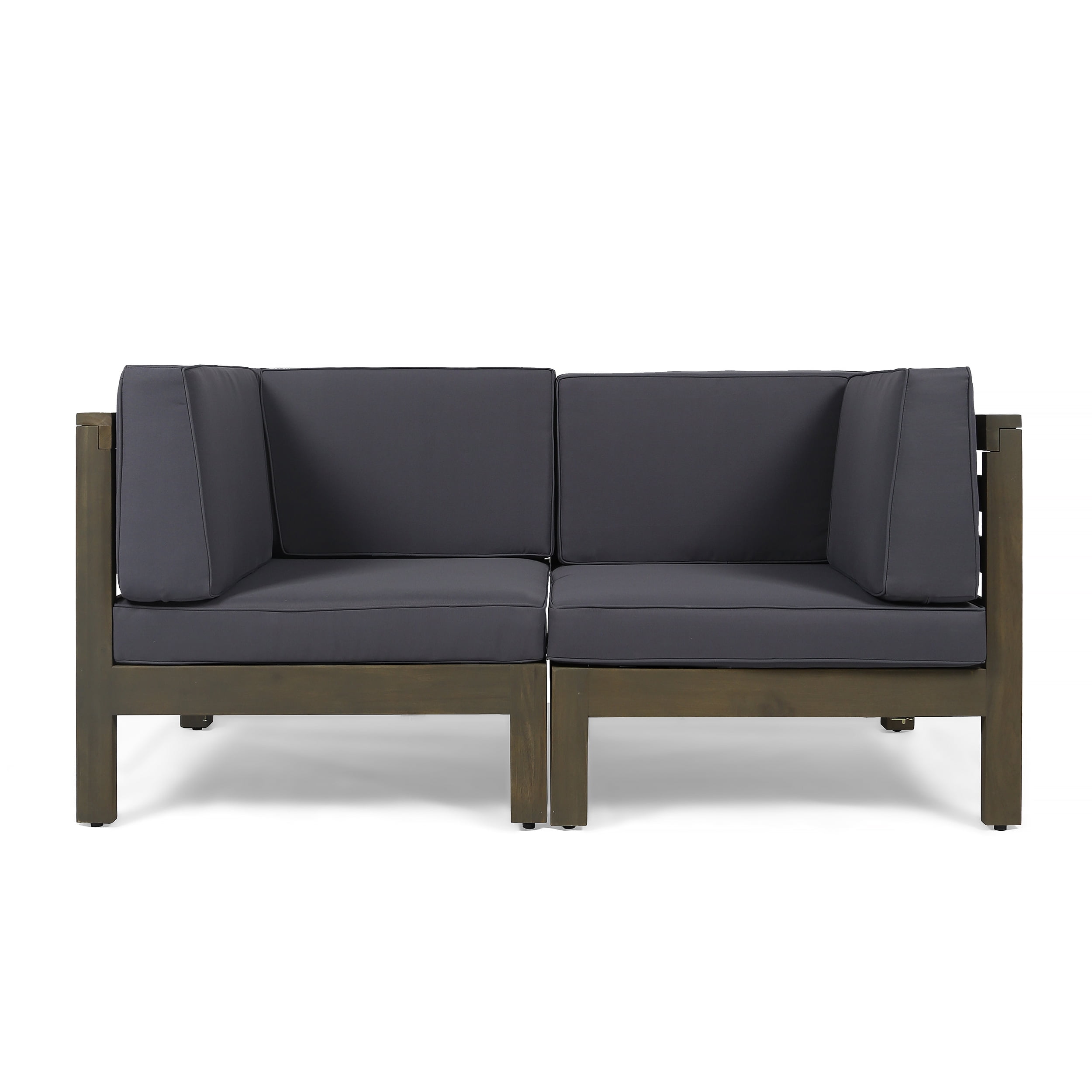 Keith Outdoor Acacia Wood Loveseat with Cushions, Gray and Dark Gray