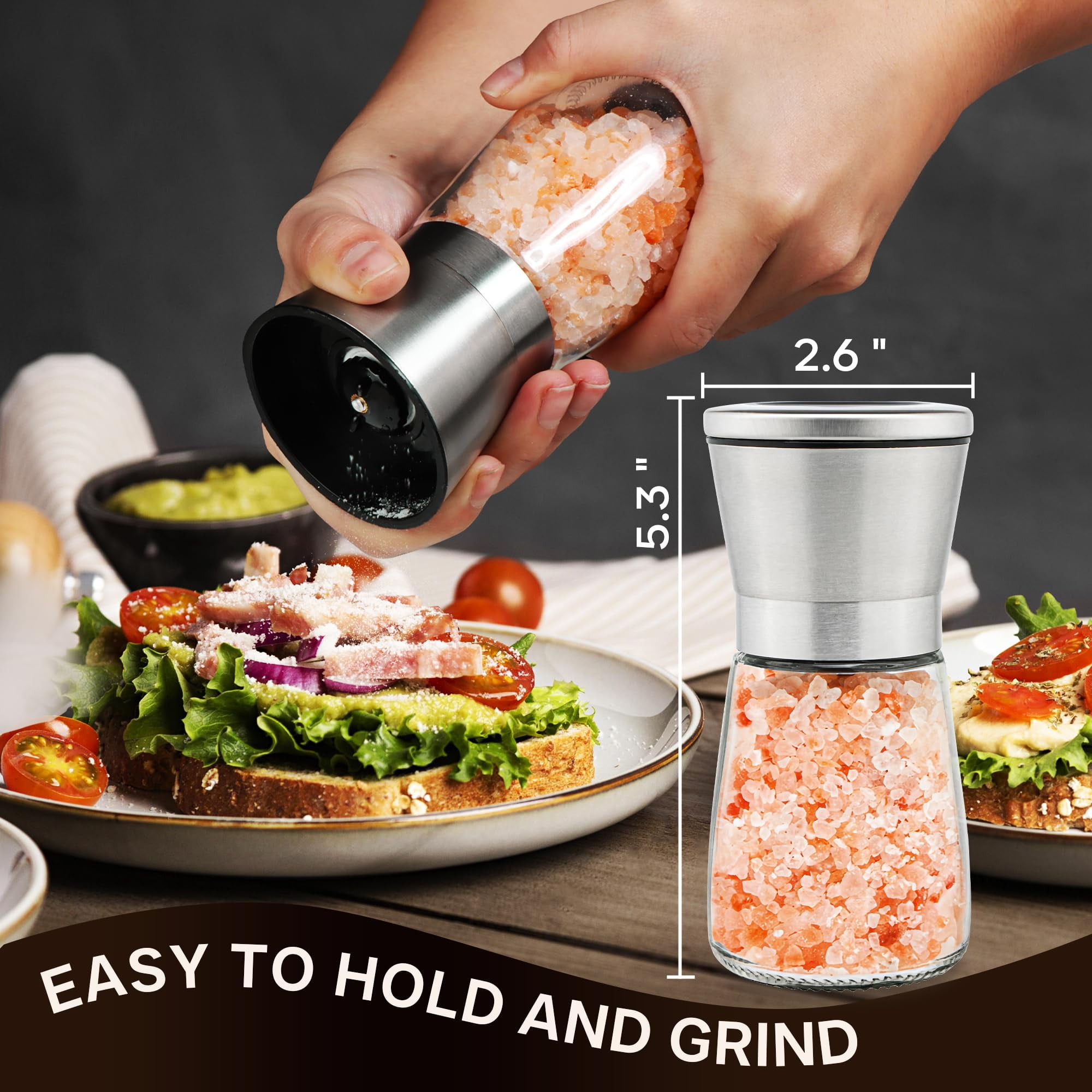 Stainless Steel Salt and Pepper Grinder Set with Adjustable Coarseness Glass Spice Shakers Ceramic Mills Easy Clean with Funnel