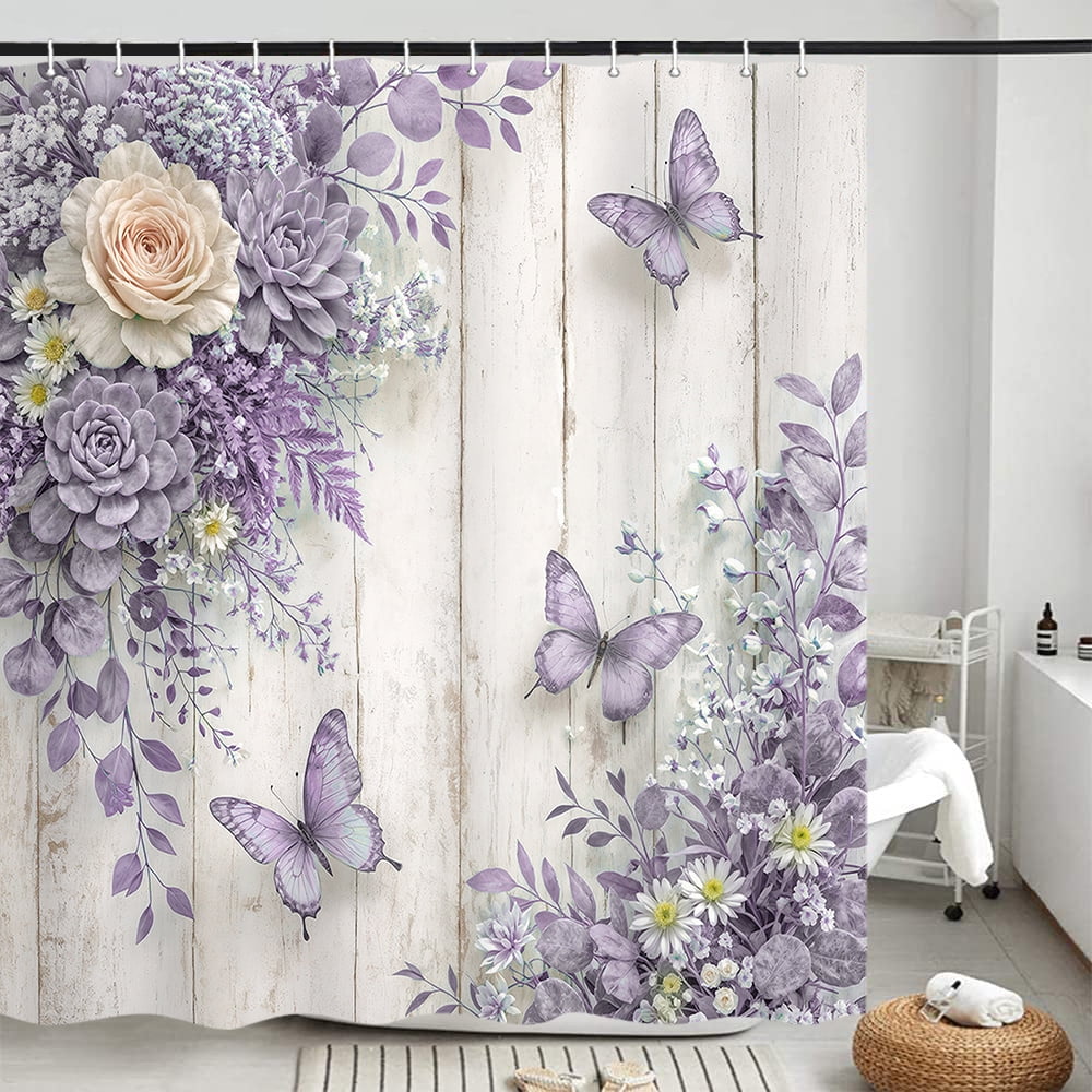 Purple Floral Shower Curtain - Farmhouse Rustic Rose Butterfly Bathroom Curtain Boho Botanical Waterproof Fabric Set with 12 Hooks,72X72in