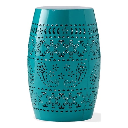 Benjara Outdoor Garden Stool Side Table- Lace-Cut 12" Top- Teal Iron