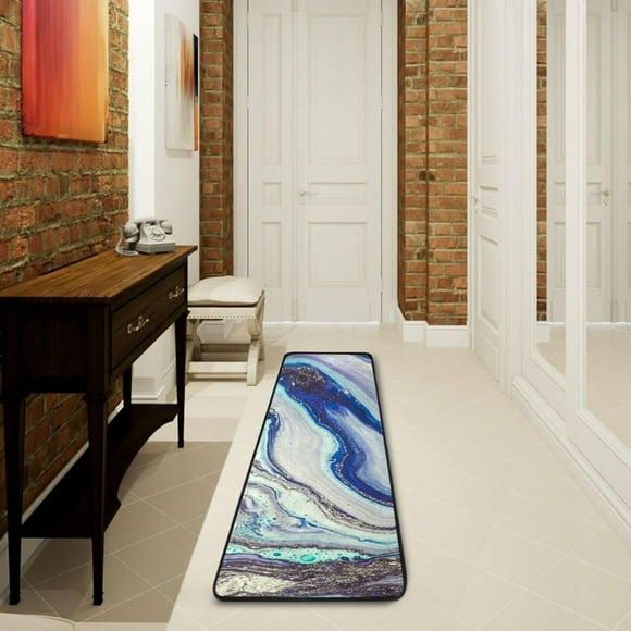 SKYSONIC 2'X6' Blue Swirls Marble Runner Rug with Rubber Backing, Non Slip Entryway Rug Runner Washable Soft Area Rug Carpet for Hallway Bedroom Kitchen Decor