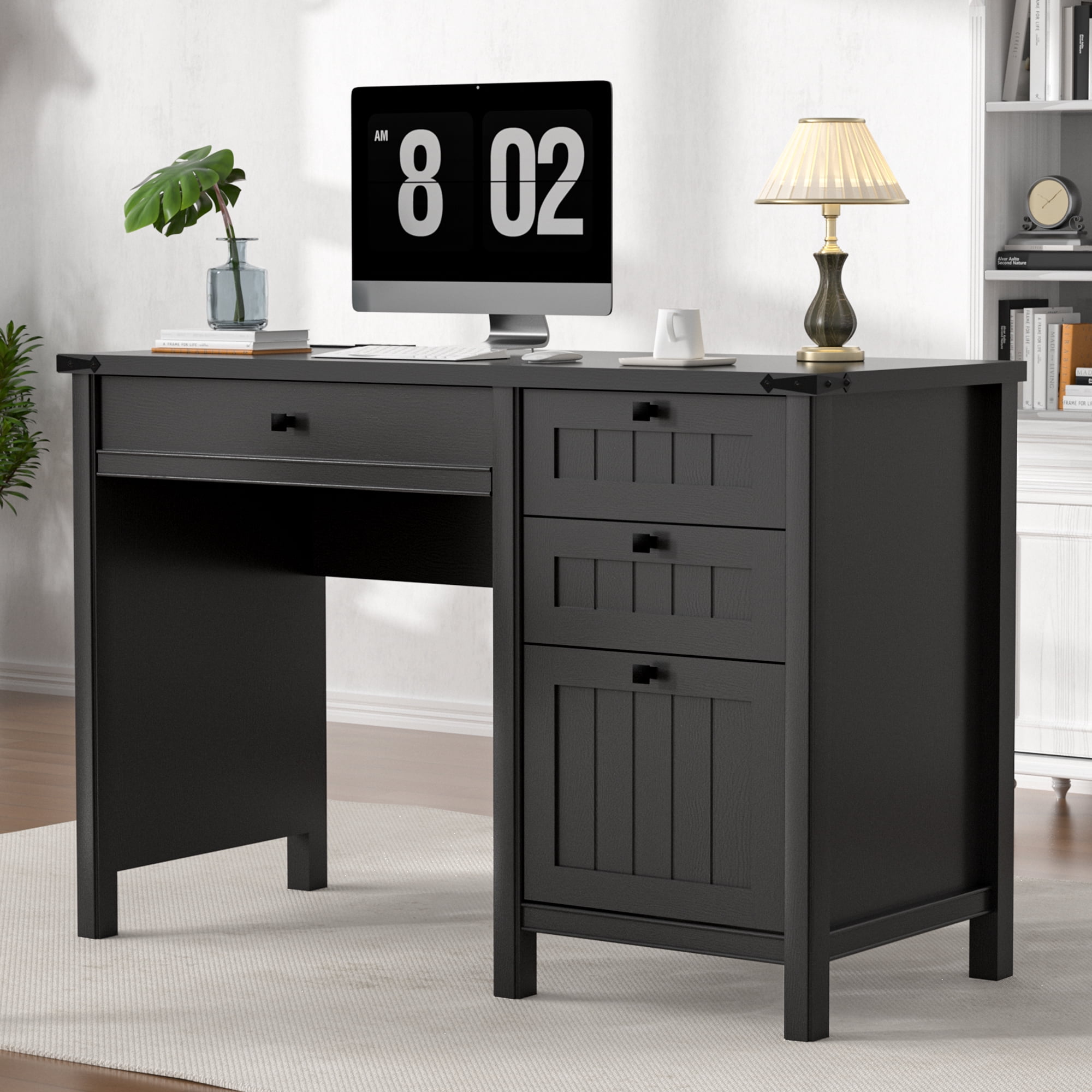 FIAKOA 3 PC Home Office Desk Set, Executive Office Desk Set with Charging Station & Bookshelf Set , Black