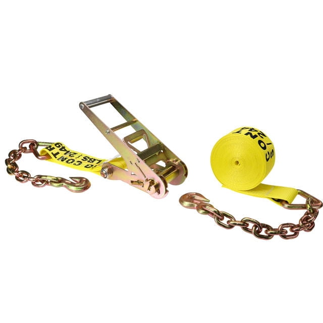 US Cargo Control 3 Inch x 20 Foot Heavy Duty Yellow Ratchet Strap with Chain Extensions