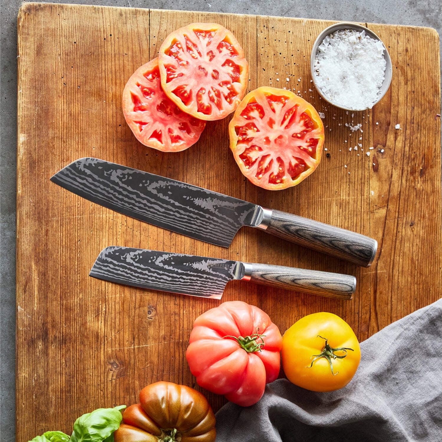 GreenPan x Bobby Flay 5” & 7” Santoku Knife Set, Premium Stainless Steel Blades, Precision Cutting Kitchen Tools, Ultra-Versatile Cutlery, Hand Finished Wood Handle, Damascus Steel Design
