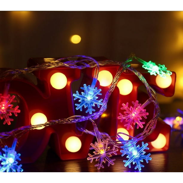 Guirnalda de luces LED de copos de nieve con batería, 10 m, 80 luces, con luz intermitente, decorativa y solar, con batería USB, para Navidad.