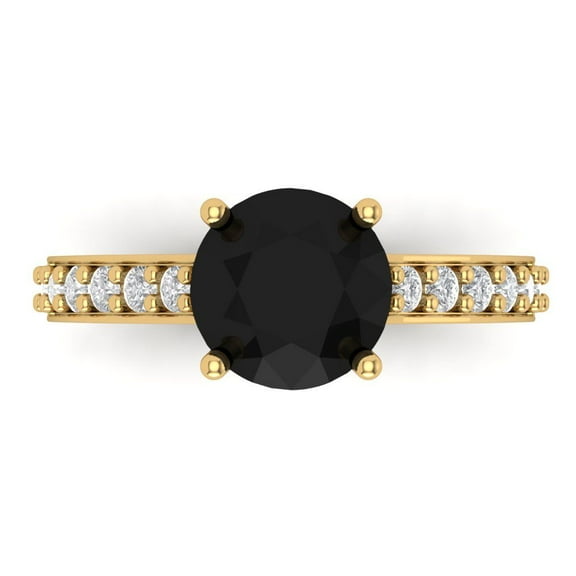 2.3 ctw Solitaire with Zirconia Diamond Accents Anniversary Ring for Women | Round Cut Natural Onyx | Hyperallergenic Solid 14K Yellow Gold