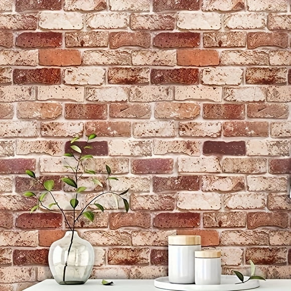1 Roll Self-Adhesive Wallpaper, Vintage Brown Brick Grain Self-Adhesive Contact Paper, Peel And Stick, Waterproof Removable Living Room Kitchen Bedroom Dormitory Wallpaper, Furniture Refurbishment Wal