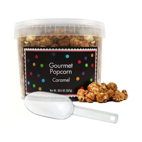 Caramel Popcorn Bucket with Scoop, 20 Ounce, Caramel Corn, Fresh Gourmet Popcorn, The Hampton Popcorn & Candy Company