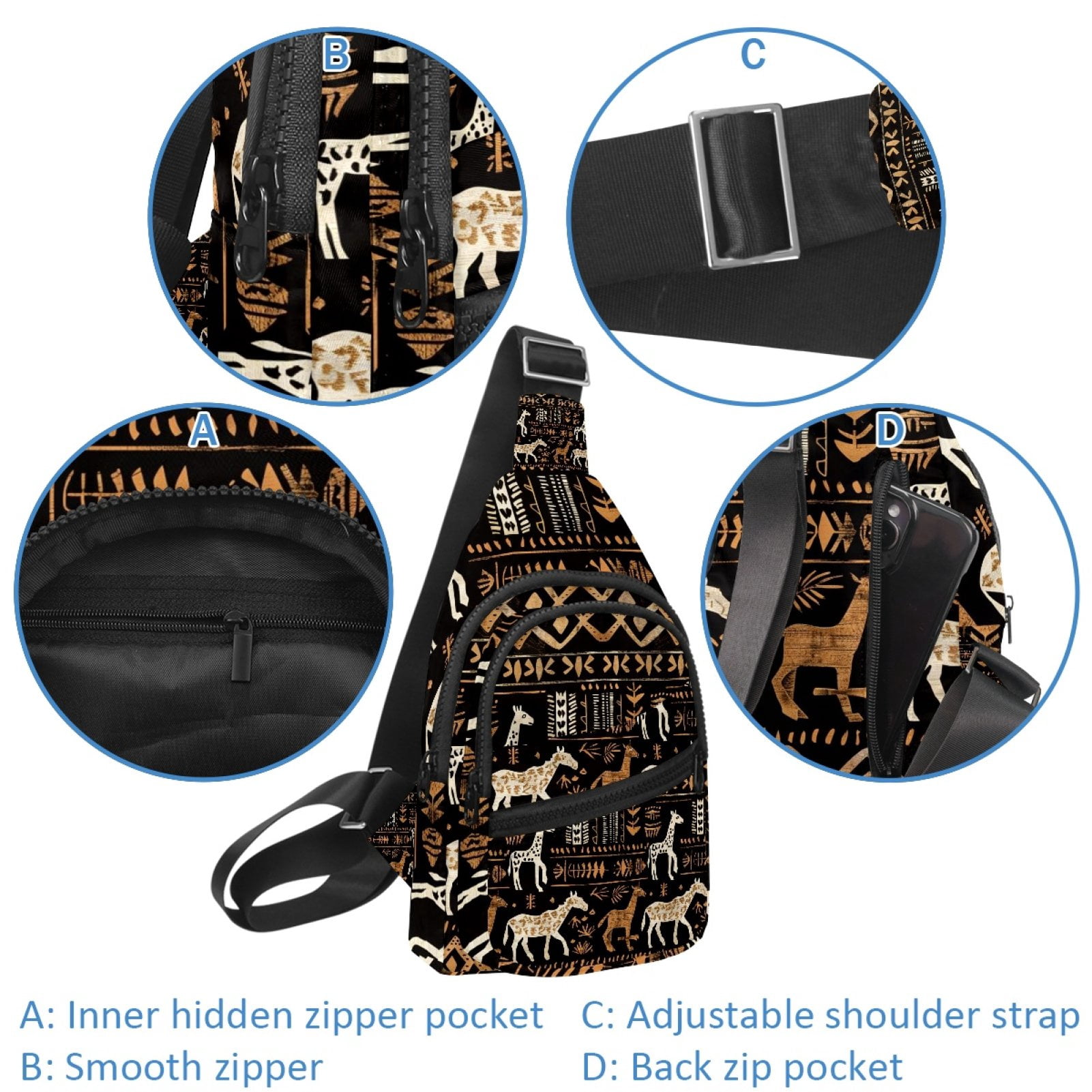 ERJLKXP Vintage African Tribal Animals Small Mens Women Crossbody Chest Bag, Travel Over Shoulder Sling Bag Backpack Men Side Bag,Daypack
