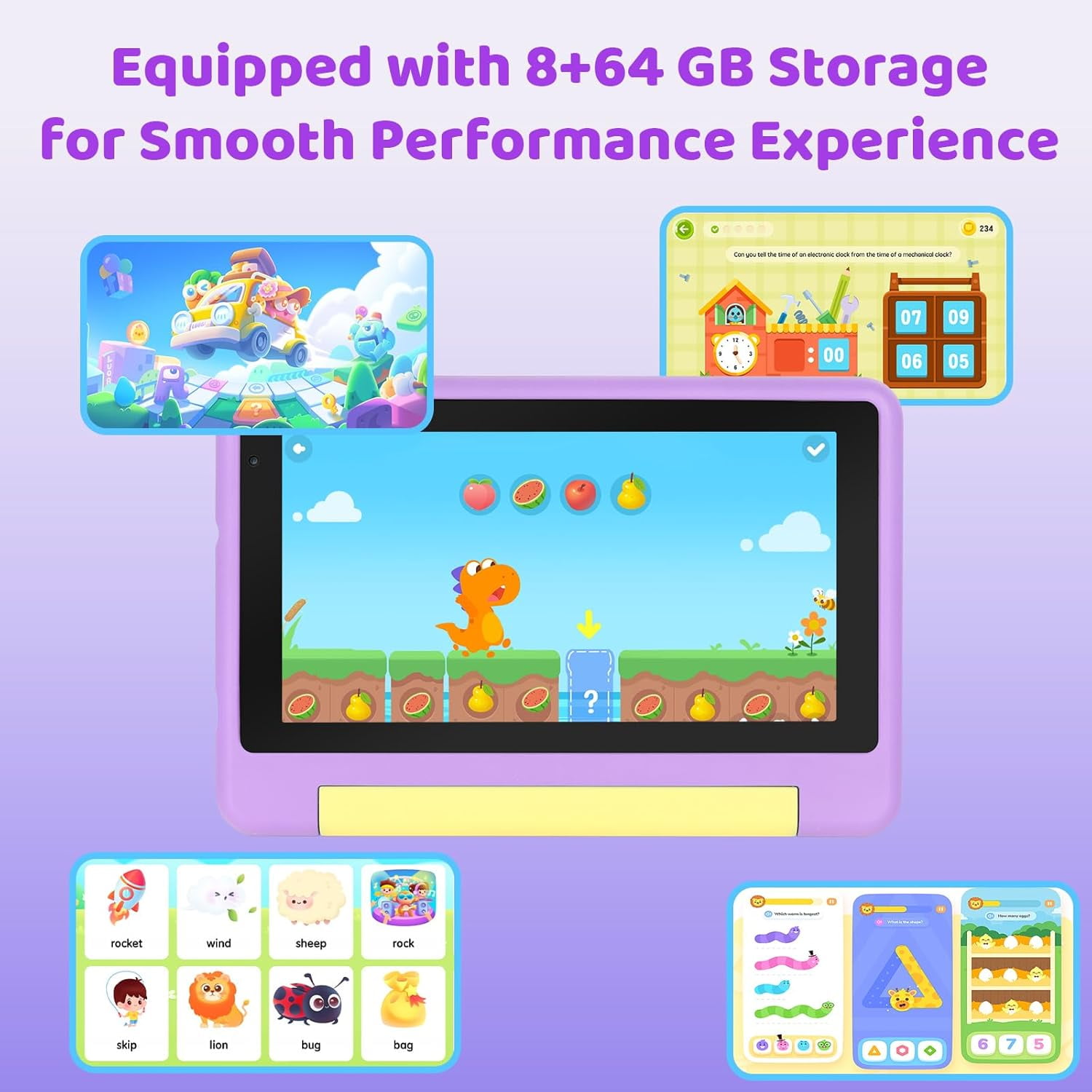 Kids Tablet 7 inch, Android 13 Tablet for Kids, 8GB RAM+64GB ROM (Expand to 128GB), Parental Control, Kids Software Pre-Installed, Dual Camera, Android Learning Tablet with Proof Case (Purple)