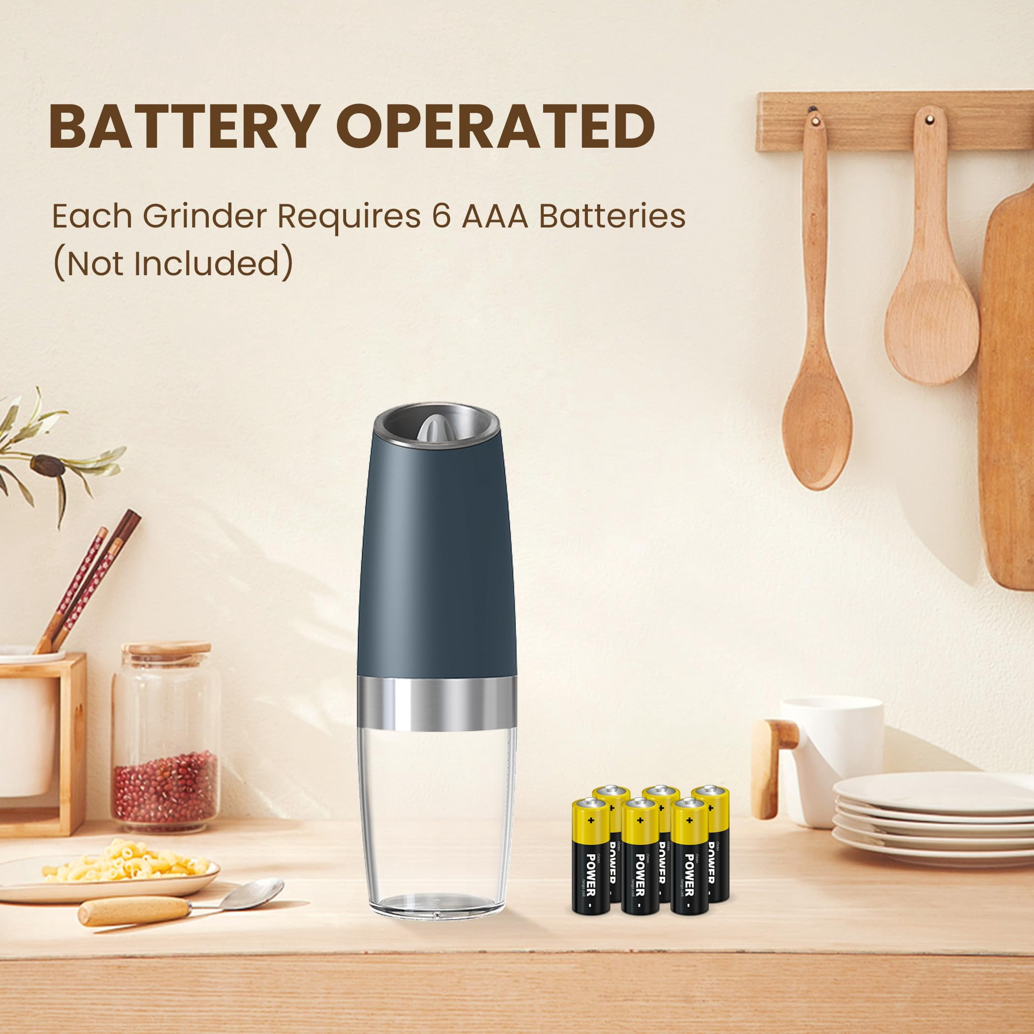 Electric Salt and Pepper Grinder Set, Battery Operated Automatic Grinders with Adjustable Coarseness and LED Light, 2 Pack, Black