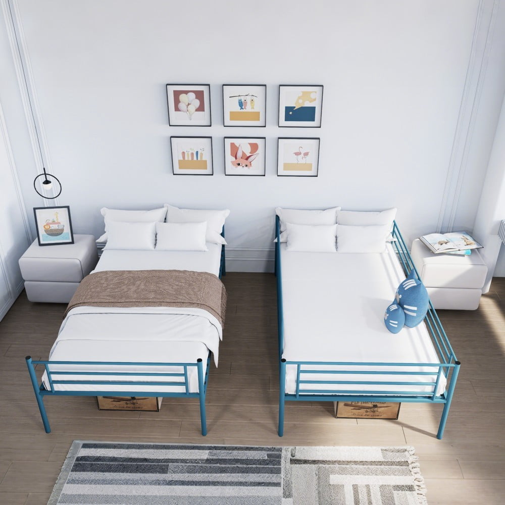 Twin Over Twin Bunk Bed with Ladder and High Guardrail, Convertible Metal Bunk Bed, Separates into 2 Twin Beds, Space Saving, Blue