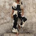 thumbnail image 6 of Snorda Pants Set for Women Floral Printed V-Neck Short Sleeve Top and Elastic Drawstring Waist Wide Leg Pants Summer Ladies 2 Piece Casual Loose Outfits for Daily Wear, 6 of 7