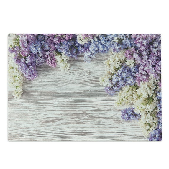 Rustic Cutting Board, Lilac Flowers Bouquet on Wood Table Spring Nature Romance Love Theme, Decorative Tempered Glass Cutting and Serving Board, Large Size, Lilac Violet Dark Taupe, by Ambesonne