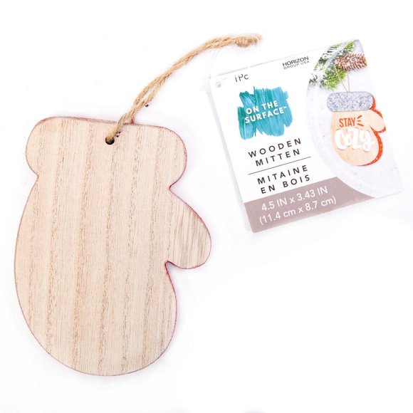 On the Surface mitaine en bois avec bordure pailletée rouge, ornement ou étiquette-cadeau avec ficelle en jute pour l’accrocher