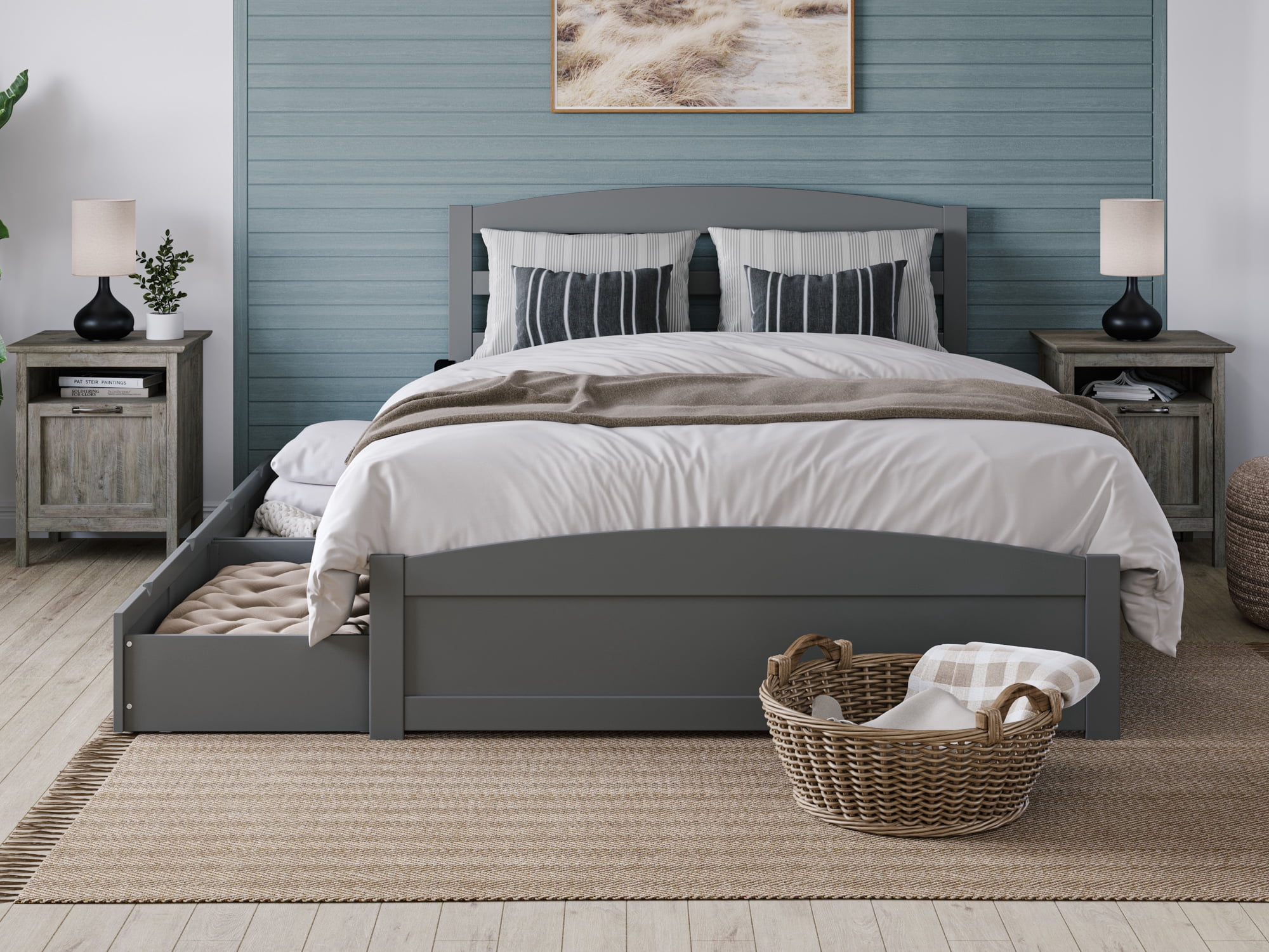 AFI Warren Full Wood Platform Bed with Headboard Footboard & 2 Storage Drawers, Grey