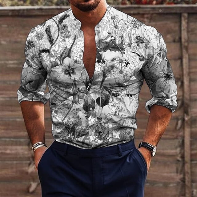 Nueva camisa de manga larga con botones y estampado 3D de rosas y cuello alto para hombre, moda de verano vaion, ropa de ocio para hombre de alta calidad