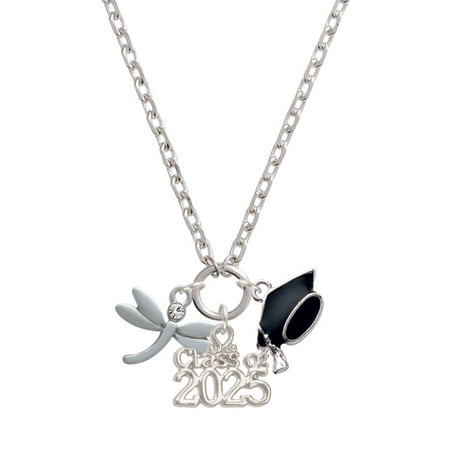 Delight Jewelry Silver-tone Small Dragonfly with Crystal - Silver-tone Class of 2025 Graduation Zoey Necklace, 28"